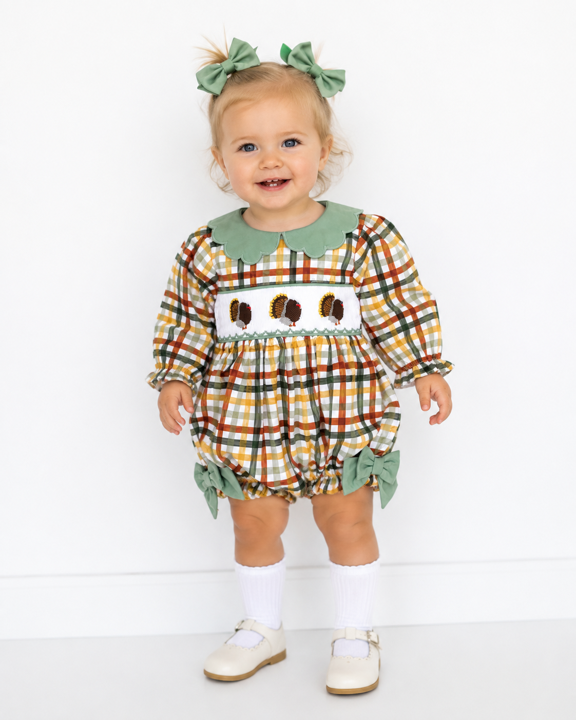Girls Hand Smocked Thanksgiving Turkey Plaid Bubble Romper