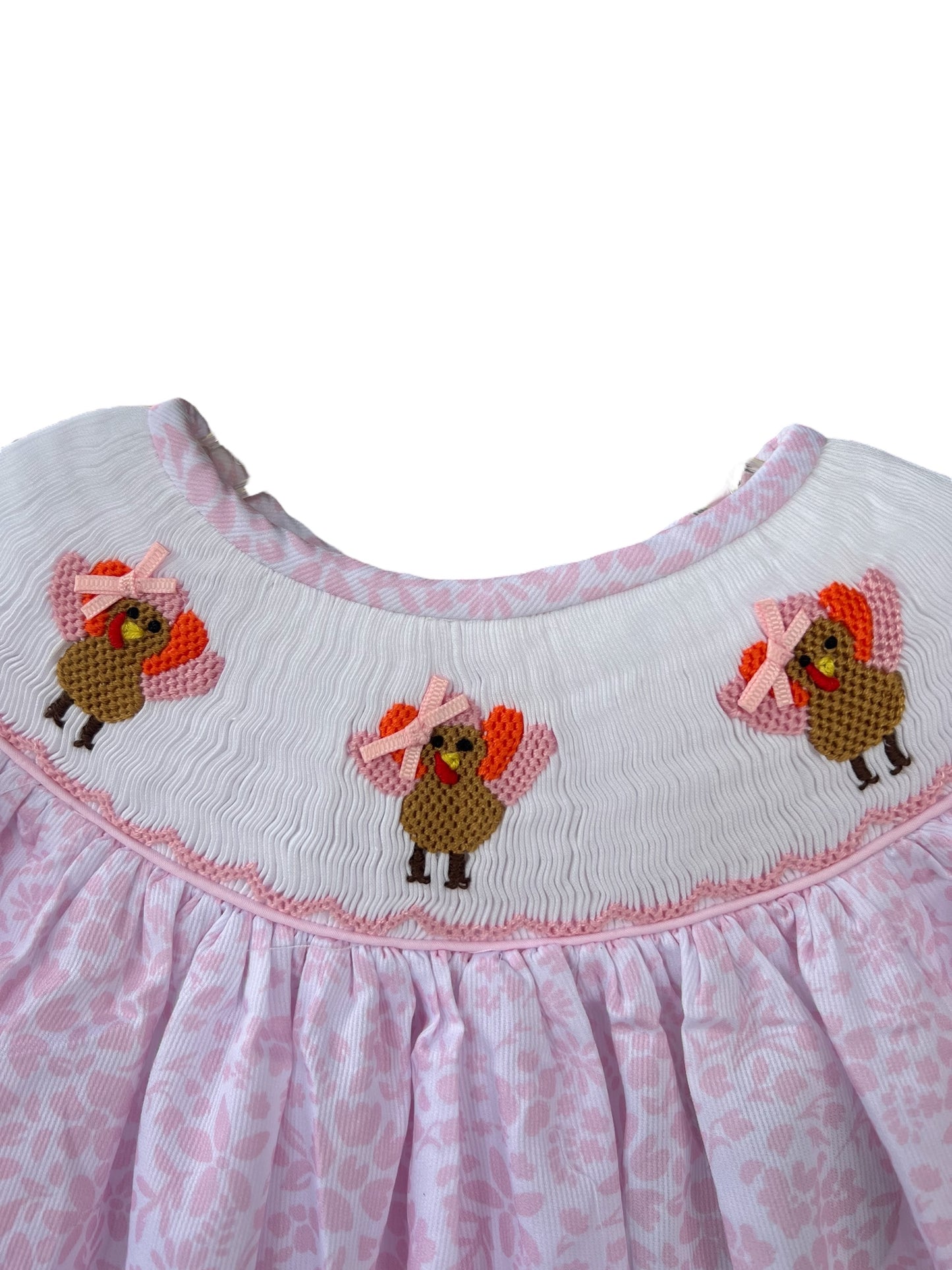 Turkey Hand Smocked Pink Floral Girls Dress with Bloomers | Toddler Thanksgiving Set