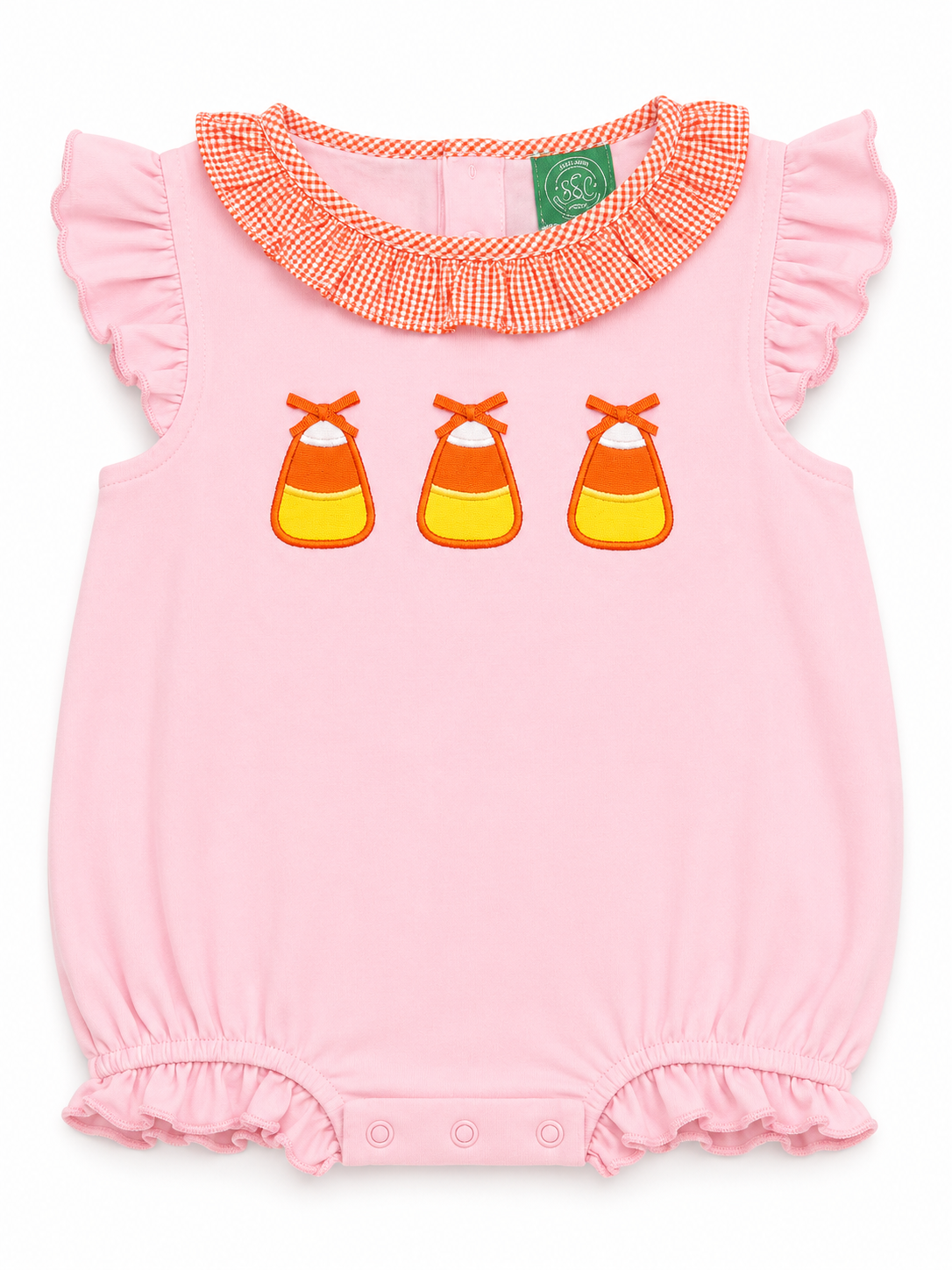 Girls Pink Candy Corn Appliqué Bubble | Pink Halloween Bubble Romper