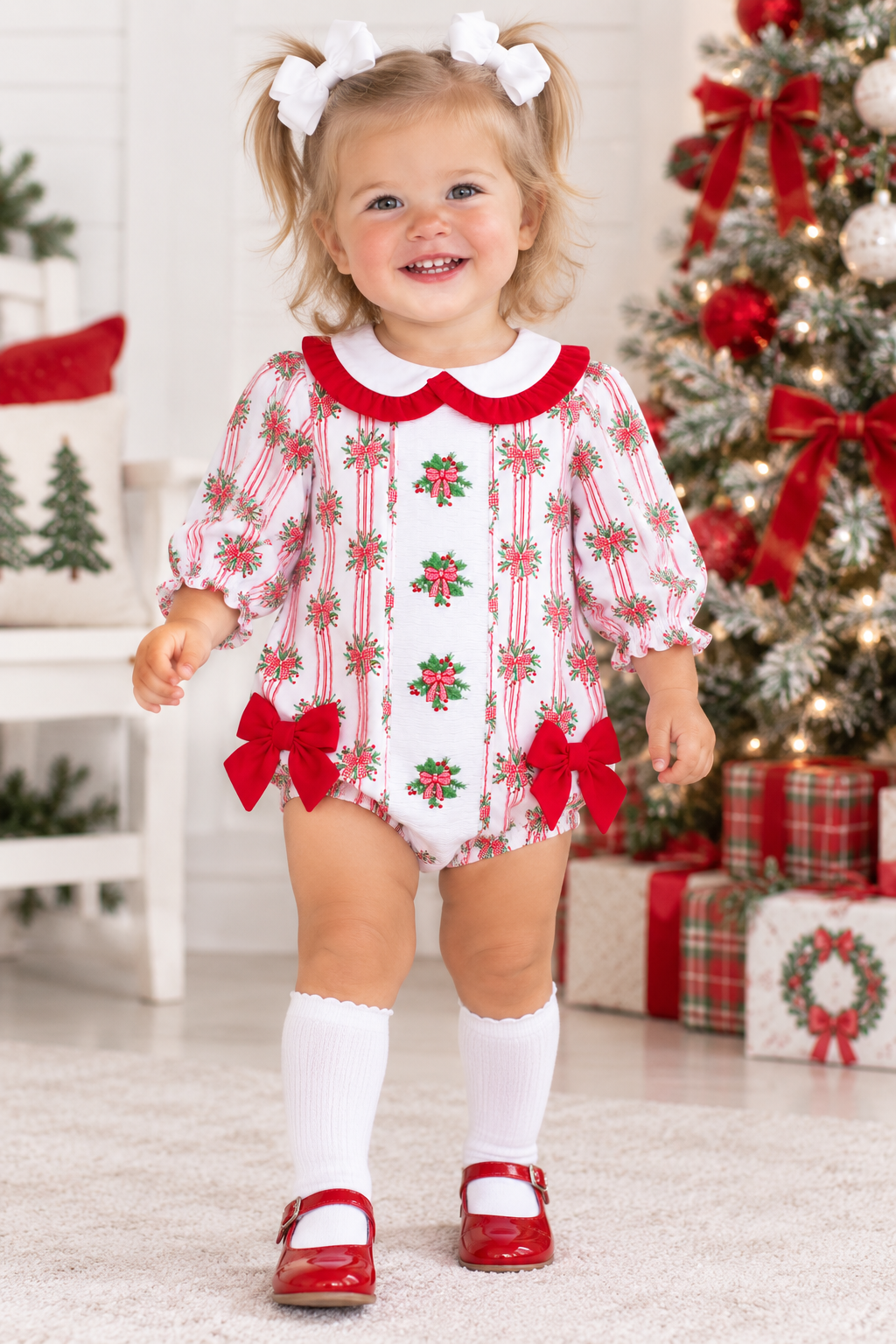 Girls Smocked Holly Bow Christmas Bubble