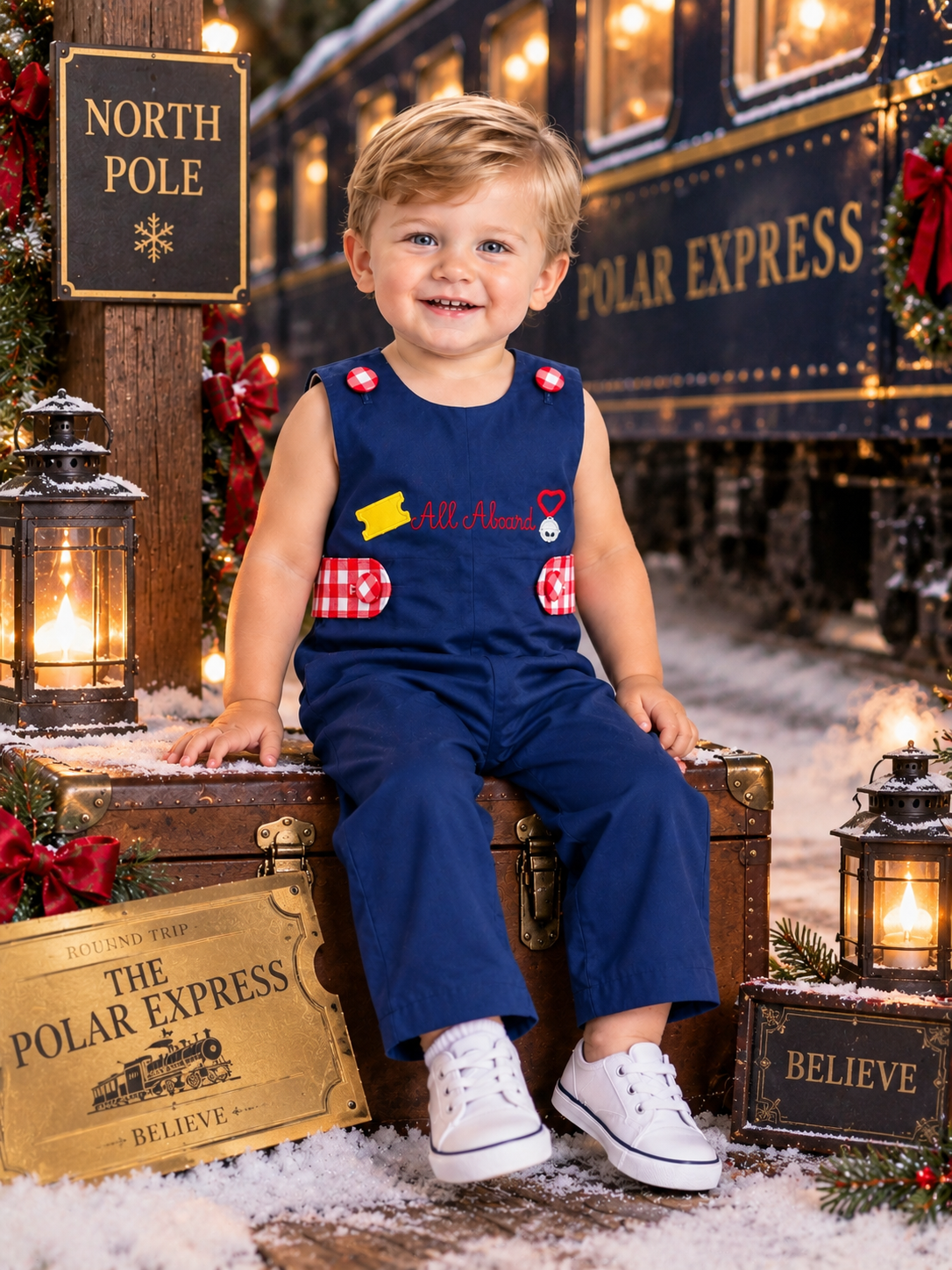 Boys All Aboard Christmas Train Longall | Navy Holiday Romper