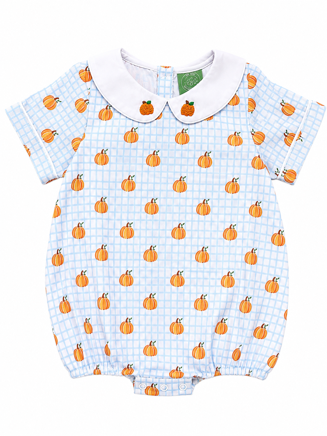 Blue Pumpkin Print French Knot Bubble Romper for Boys | Peter Pan Collar Fall Baby Outfit | Sister Match Available