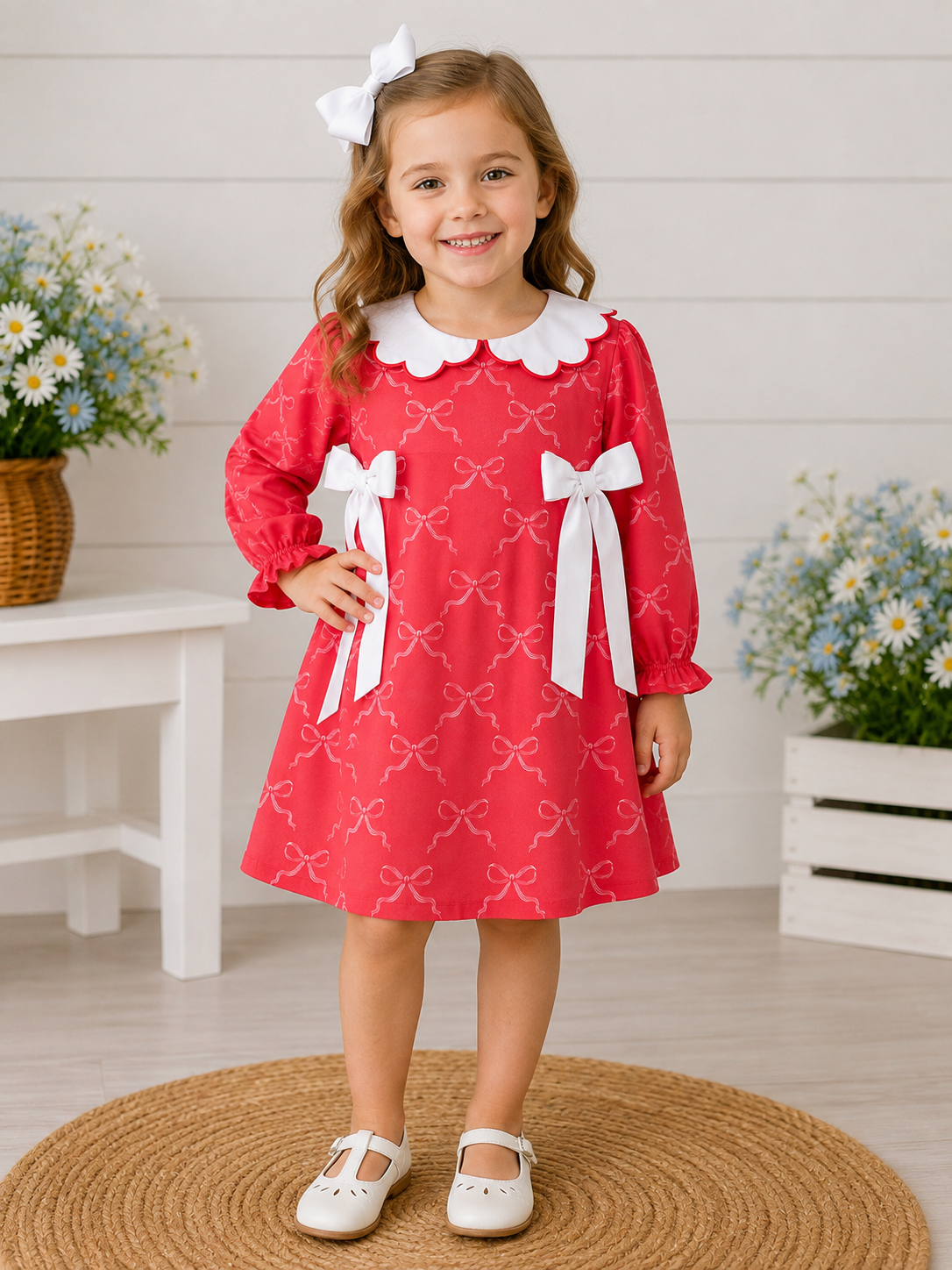 Girls Red Christmas Bow Dress with Scalloped Collar