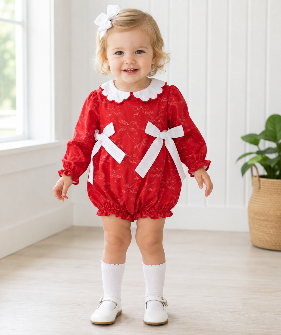 Girls Red Christmas Bow Bubble with Scalloped Collar
