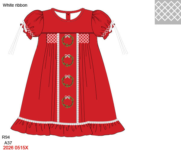 PREORDER-Girl’s Smocked Heirloom Christmas Dress with embroidered wreaths