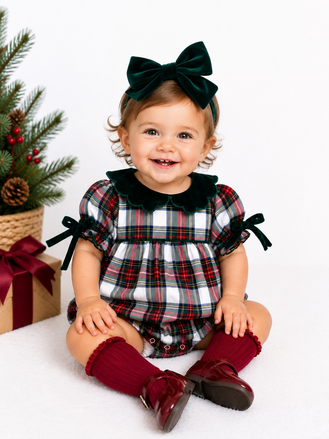 Girls Classic Christmas Plaid Velvet Collar Bubble