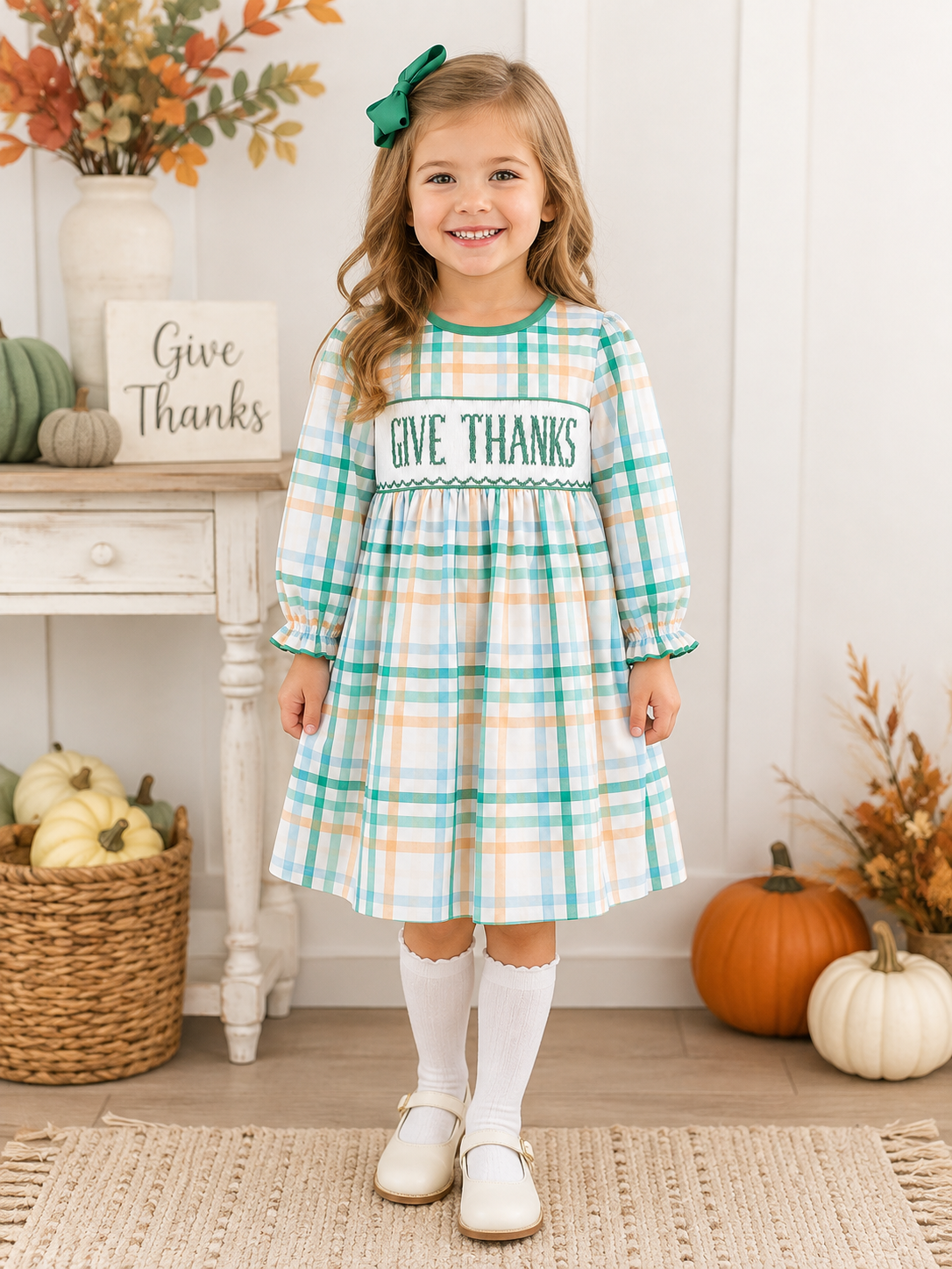 Girls Hand-Smocked “Give Thanks” Thanksgiving Plaid Dress