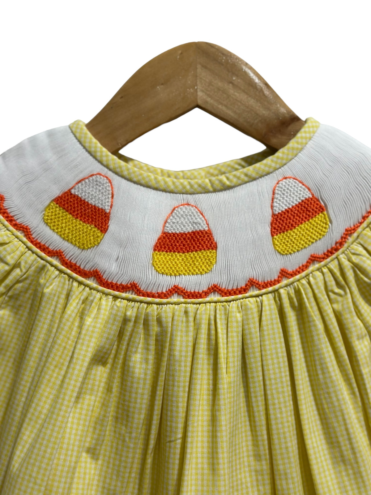 Up close Hand smocked candy corn