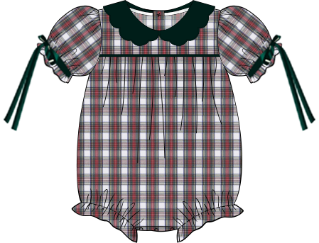 PREORDER-Girl’s Christmas Plaid Bubble with velvet scalloped collar and bows