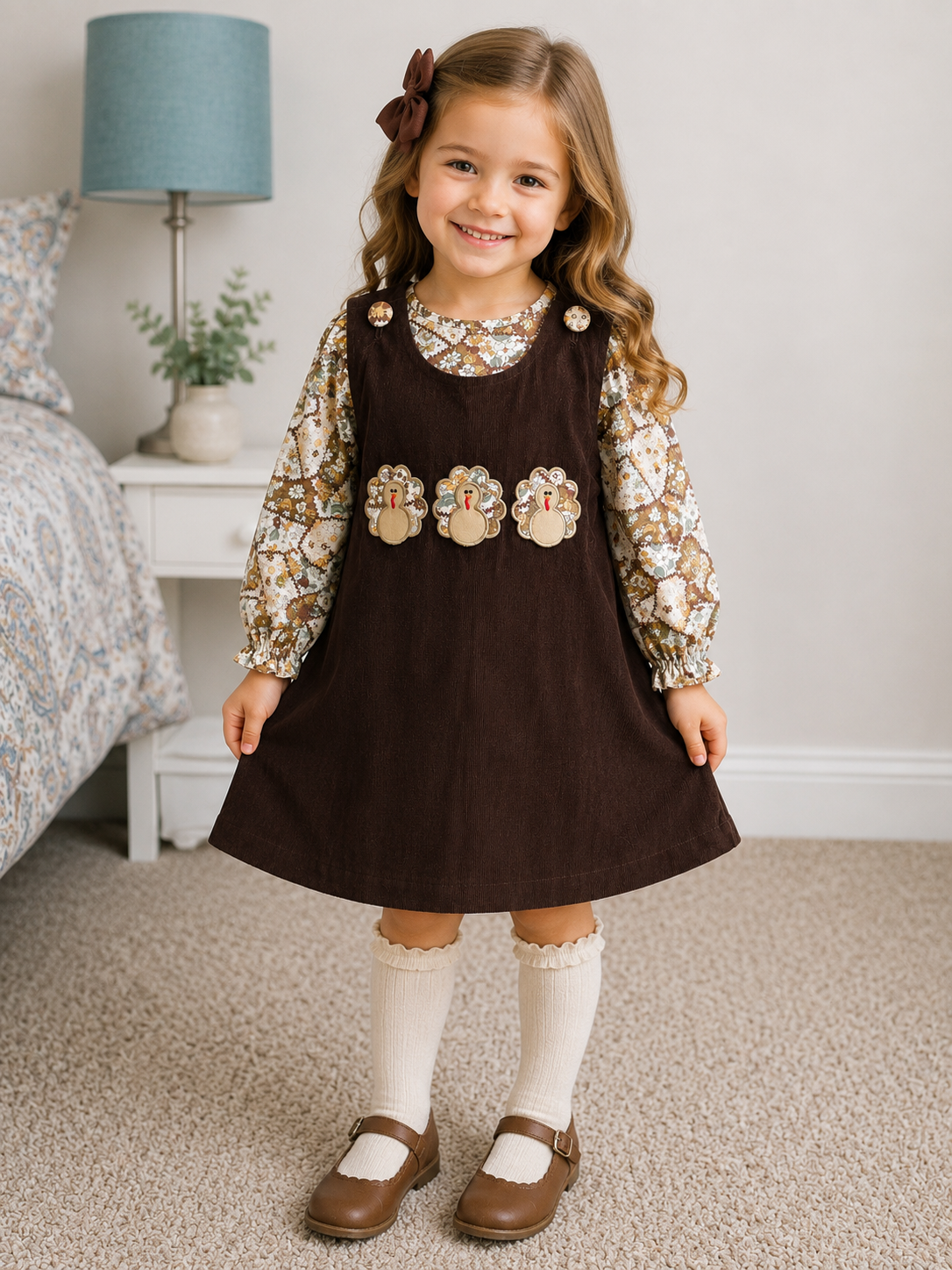 A young girl stands in a bedroom wearing a dark brown pinafore dress over a floral long-sleeve shirt, white knee-high socks, and brown Mary Jane shoes.