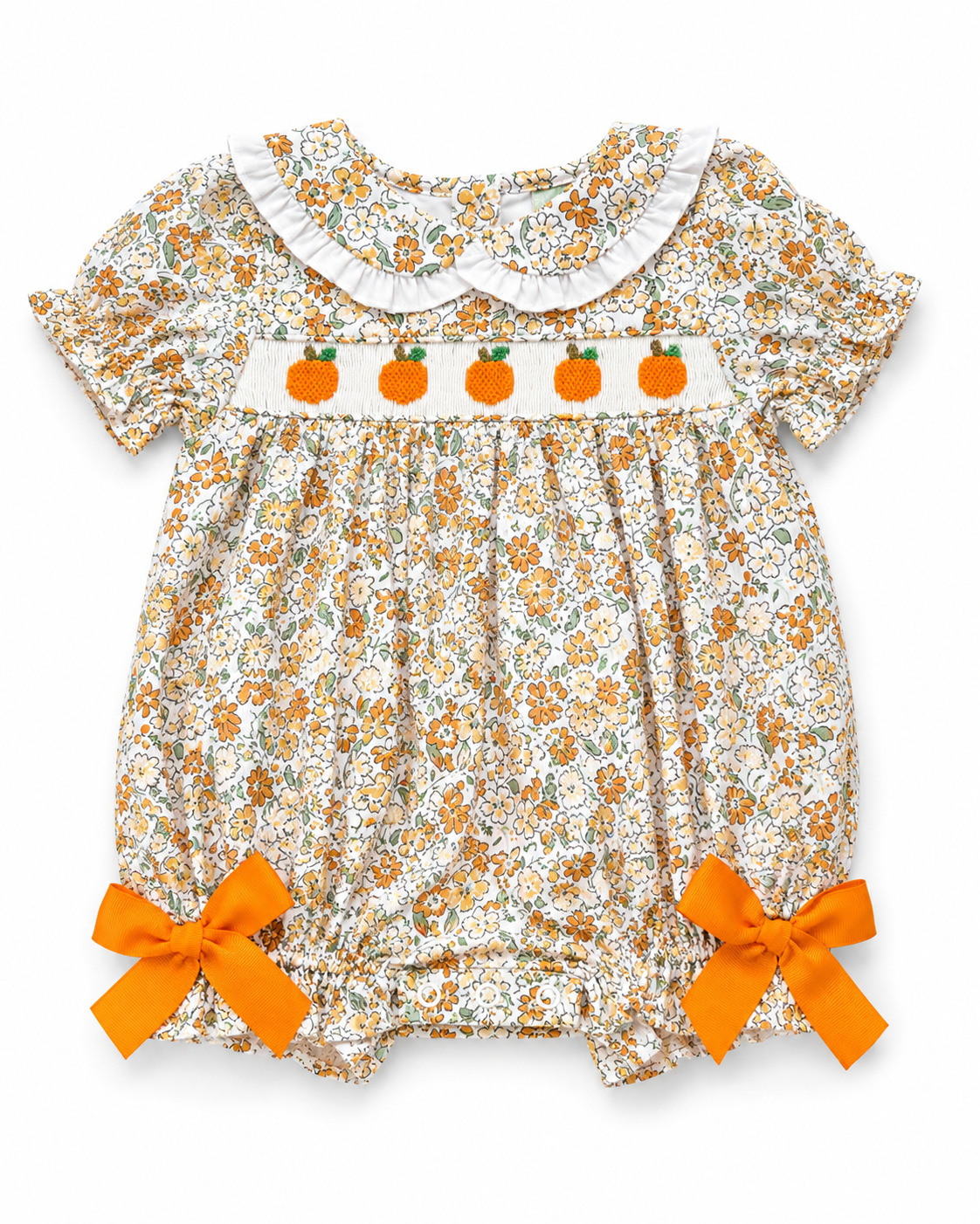 Hand Smocked Pumpkin Floral Bubble for Girls | Fall Boutique Baby Bubble Romper