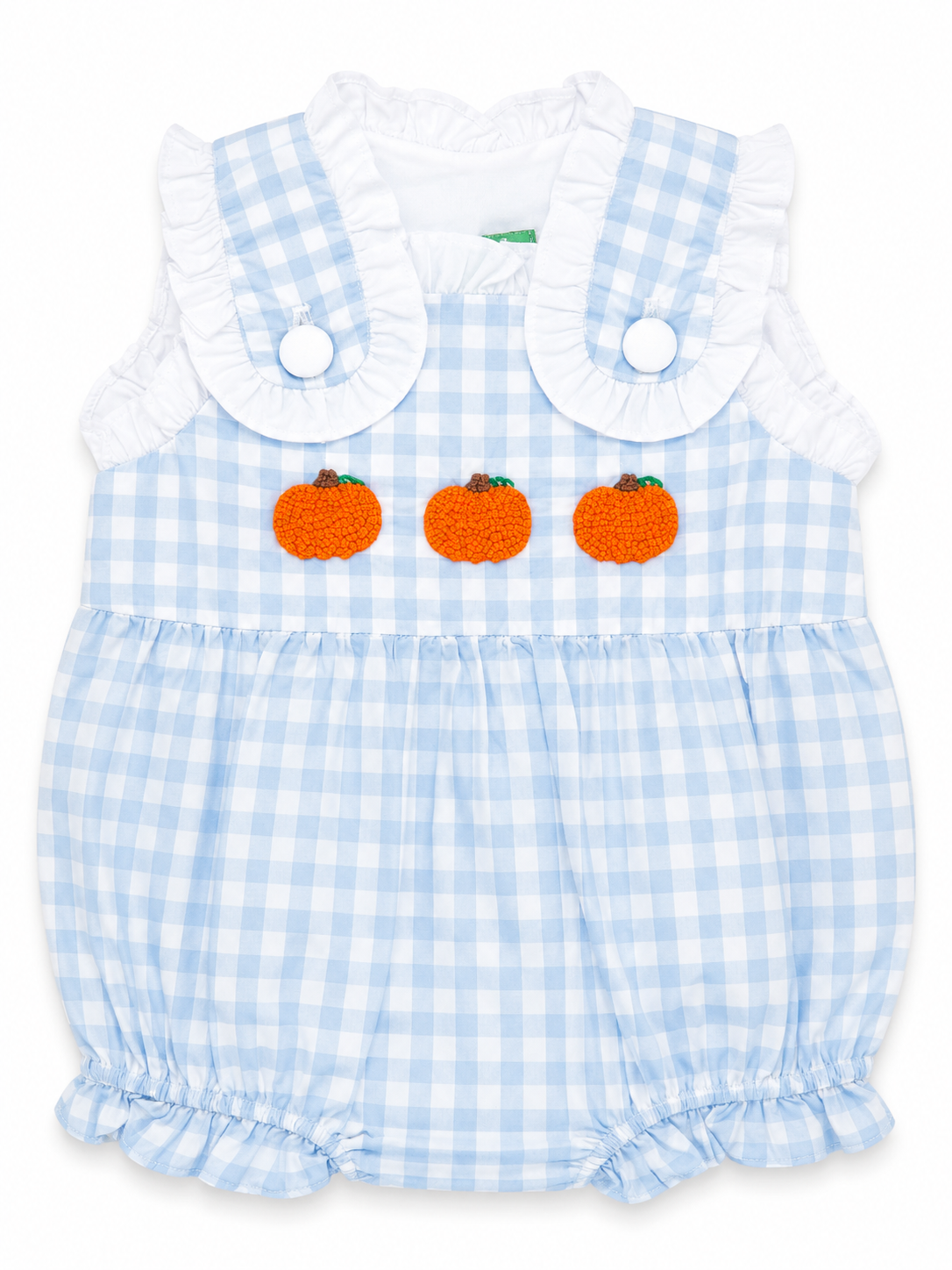 Girls Blue & White Gingham French Knot Pumpkin Bubble | Classic Fall Romper