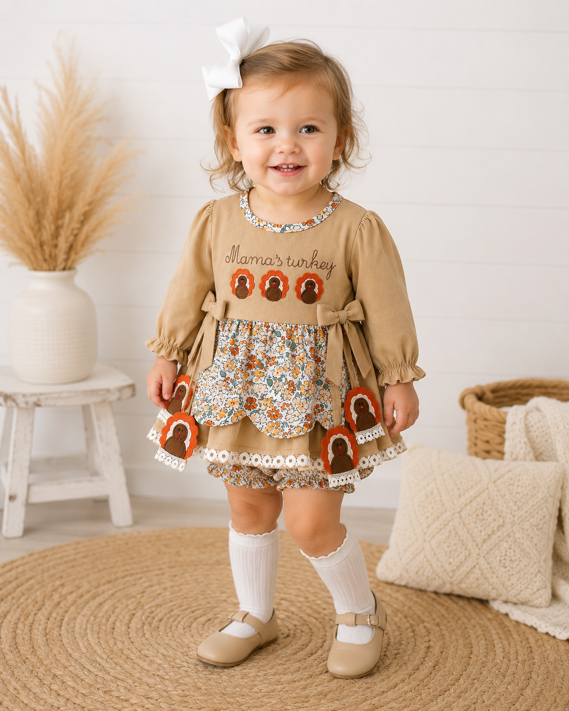 Girls Mama’s Turkey Thanksgiving Skirted Bubble Romper