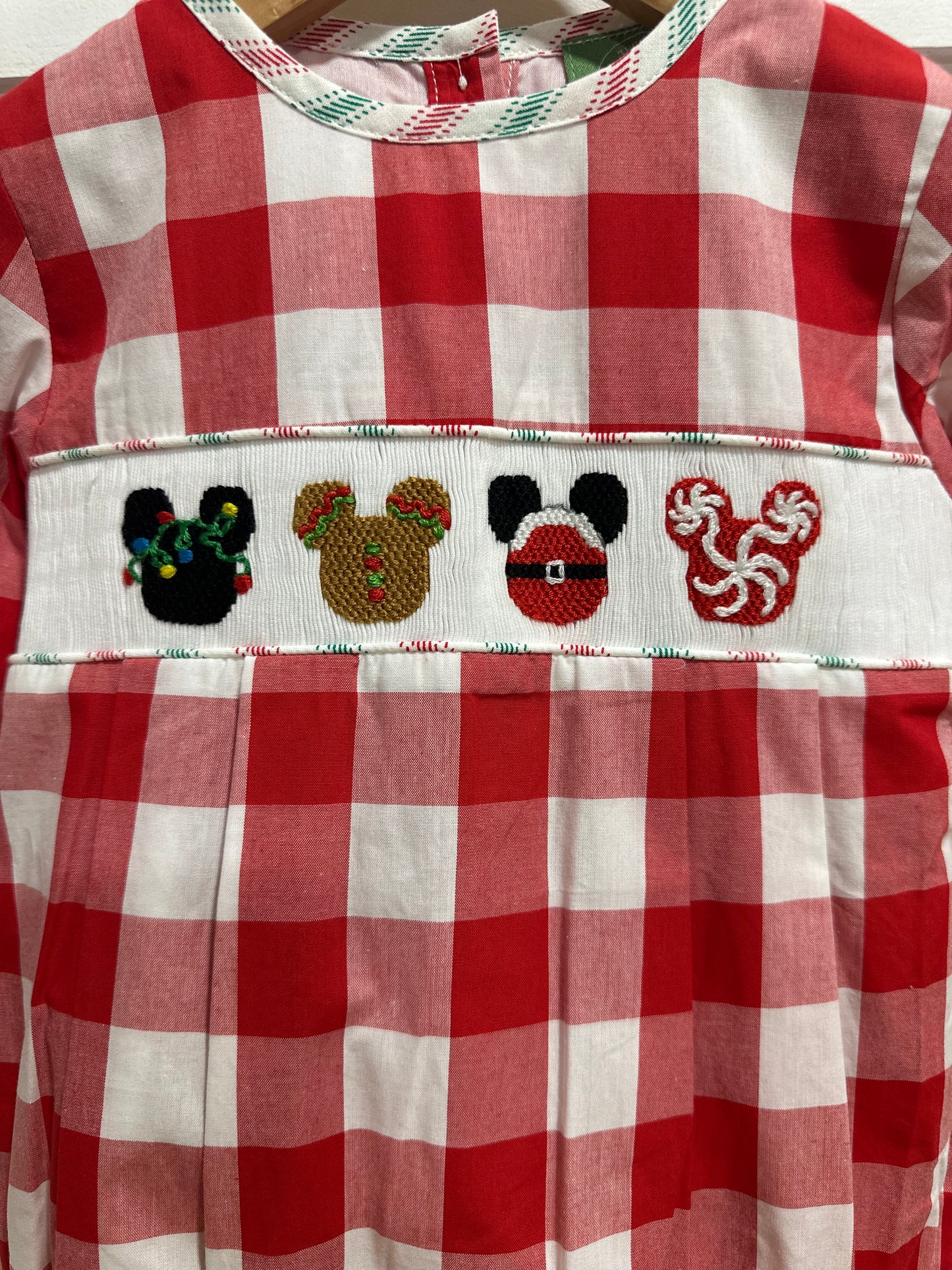 Mouse Christmas Boy’s Hand Smocked Bubble – Red Check Holiday Outfit | Matching Sister Bubble & Bloomer Available
