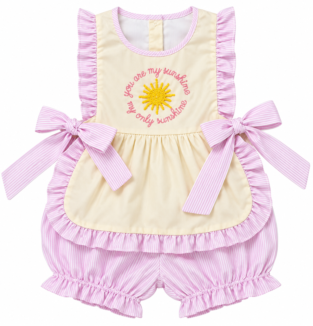 Girls You Are My Sunshine yellow bloomer set with embroidered sun, pink striped ruffles, side-tie bows and matching bloomers.