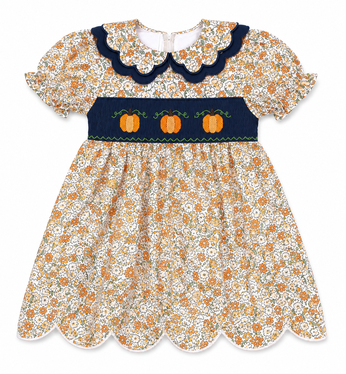 Girls Hand Smocked Floral Pumpkin dress