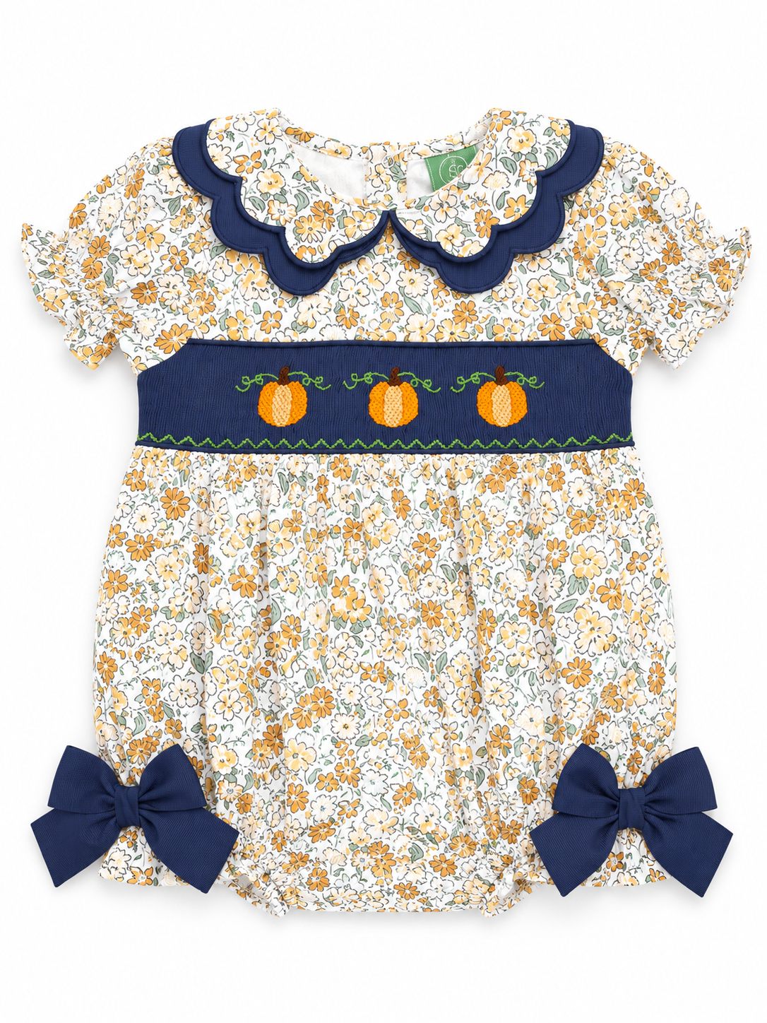 Girls Hand Smocked Pumpkin Floral Bubble | Navy Floral Fall Bubble Romper