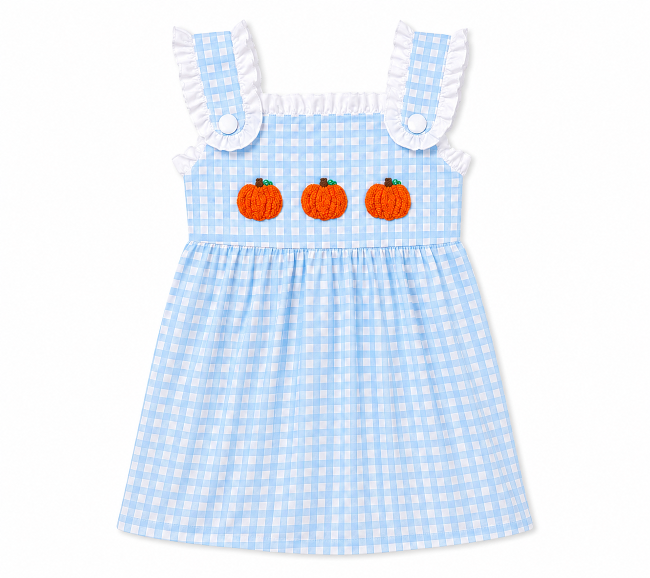 Girls Blue & White Gingham with French Knot Pumpkins Dress