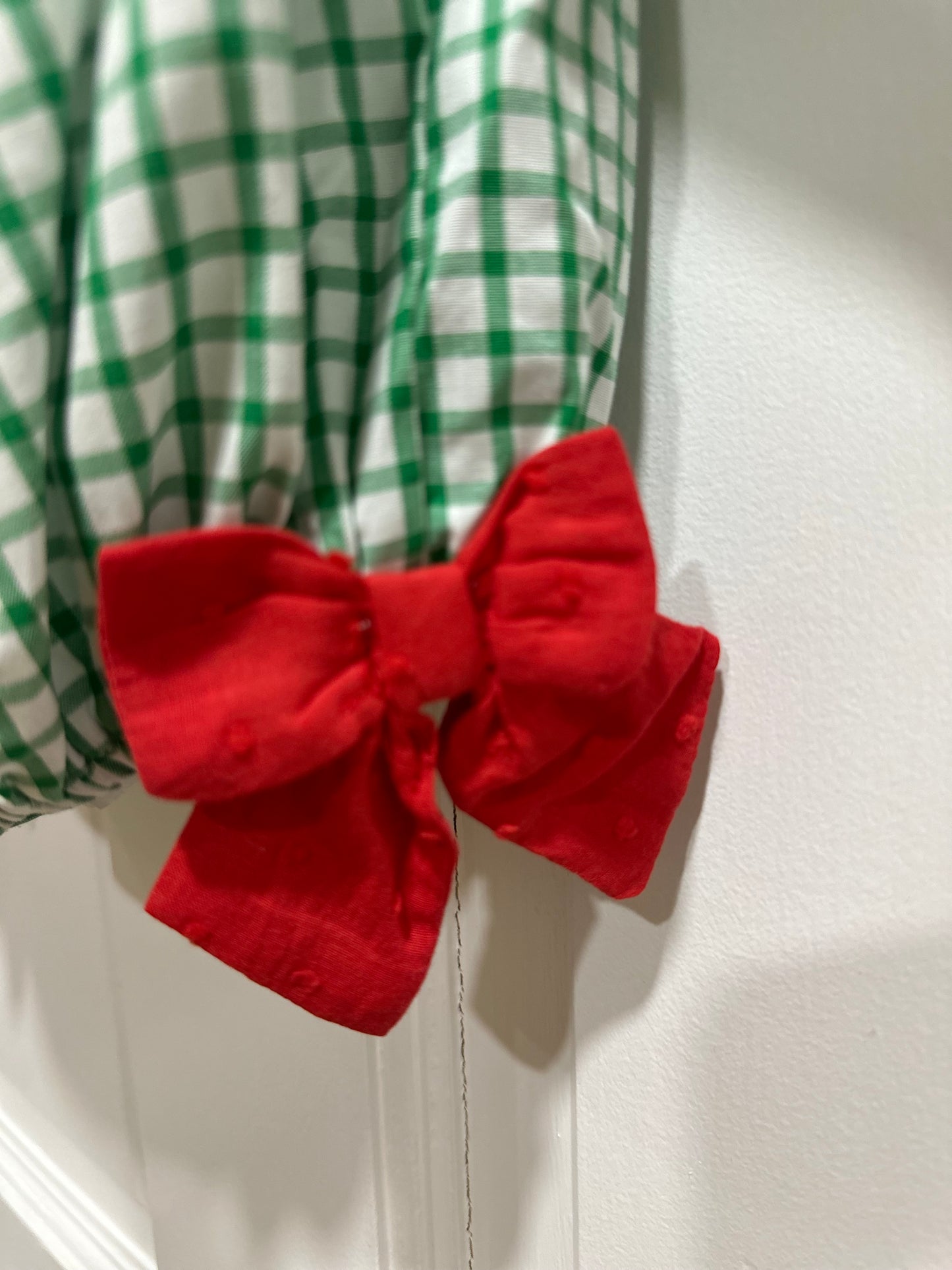 Christmas Hand Smocked Lights Bubble – Green Gingham Baby Bubble | Sister Matching Bloomer Available