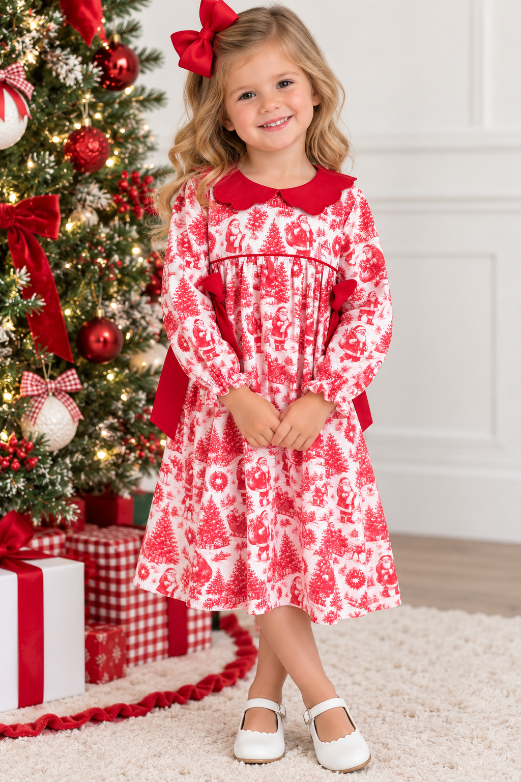Girls Vintage Santa Christmas Dress with Red Bows