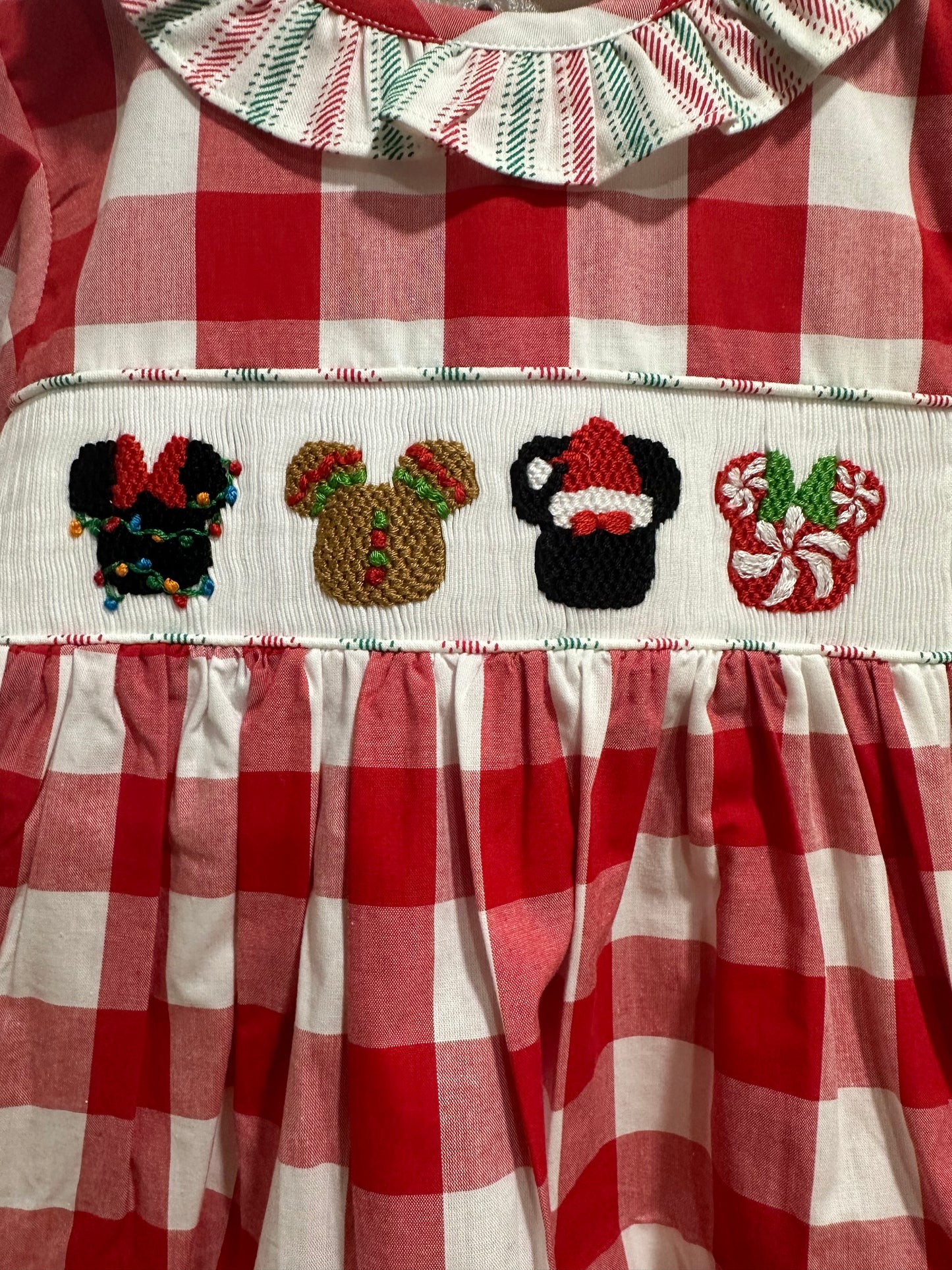 Christmas Mouse Hand Smocked Girls Bloomer Set | Red Check Holiday Outfit | Sister Matching Bubble Available