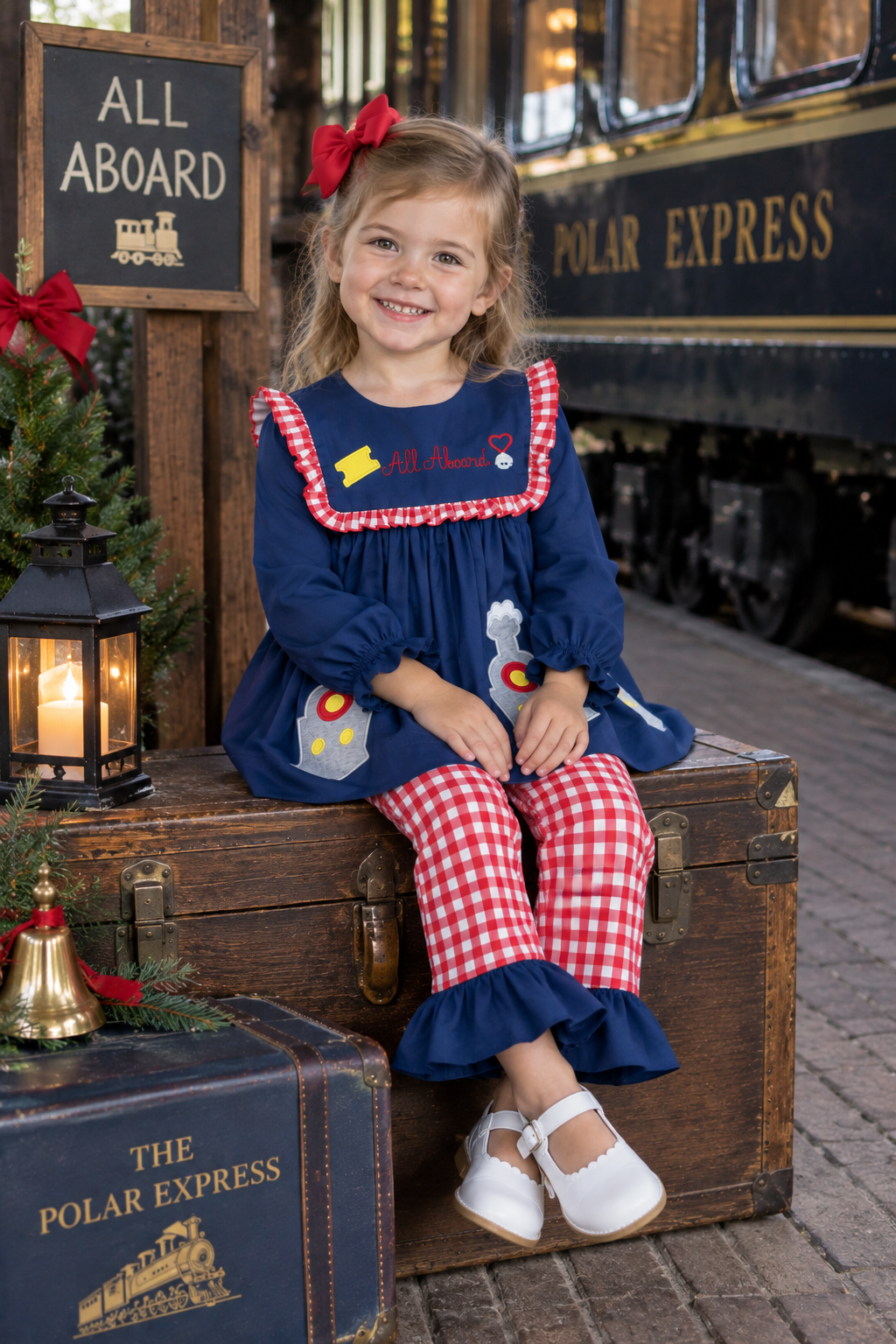 Girls All Aboard Christmas Train Pants Set | Navy & Gingham Holiday Outfit