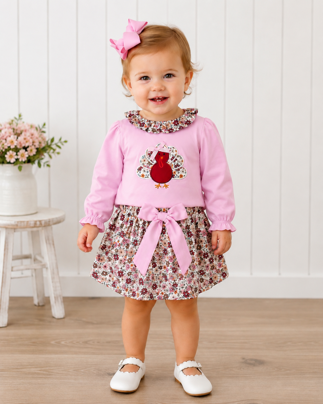 Girls Pink Floral Turkey Appliqué Skort Outfit – Thanksgiving Set