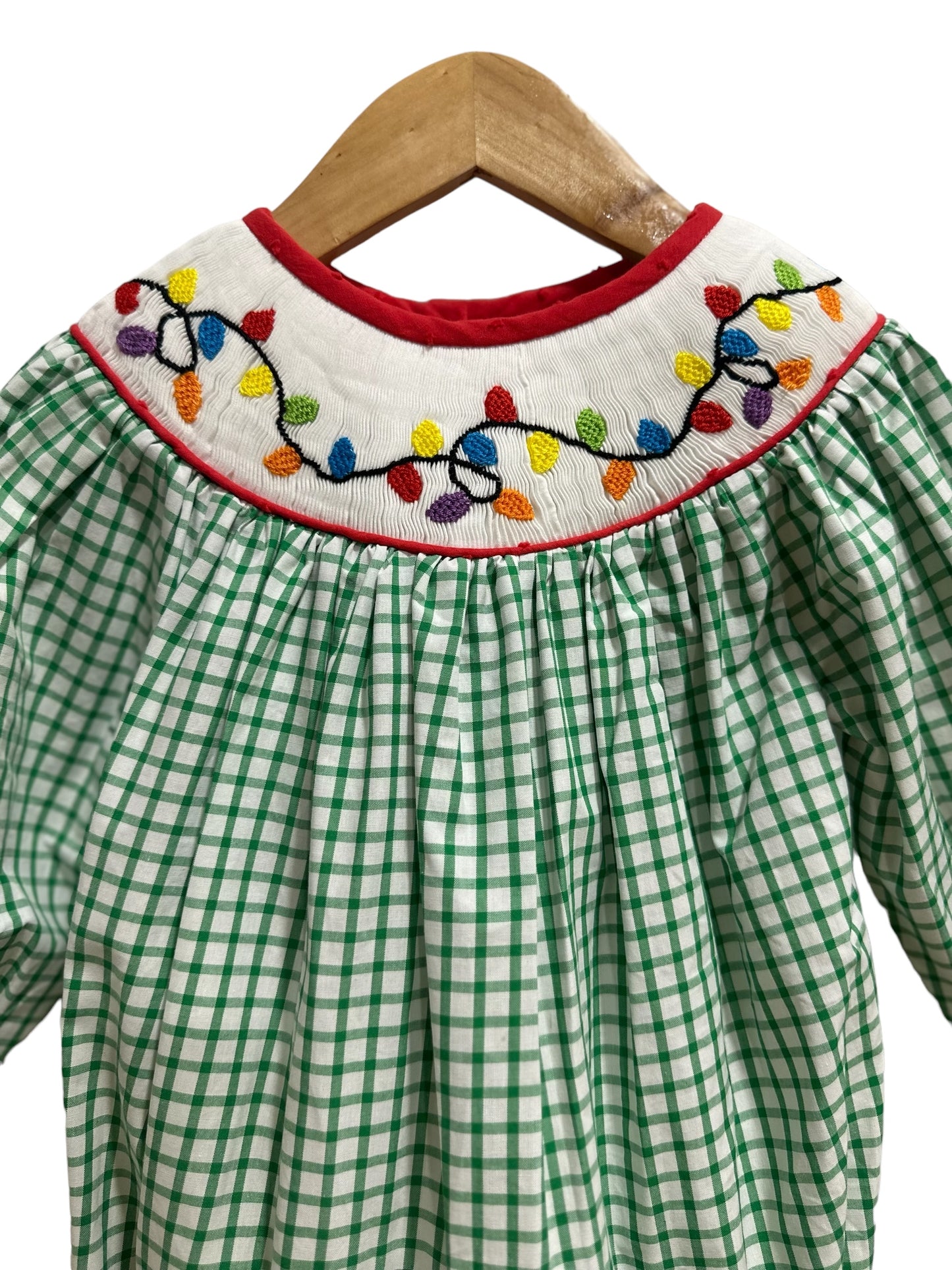 Christmas Hand Smocked Lights Bubble – Green Gingham Baby Bubble | Sister Matching Bloomer Available