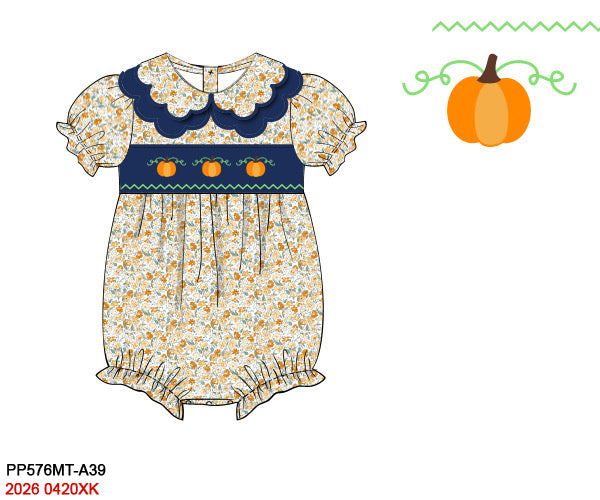 PREORDER-Girl’s Smocked Pumpkin Floral Bubble