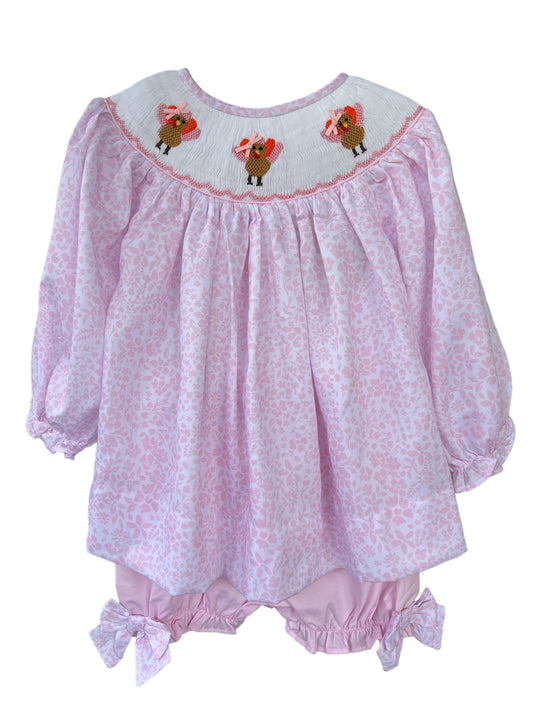 Turkey Hand Smocked Pink Floral Girls Dress with Bloomers | Toddler Thanksgiving Set