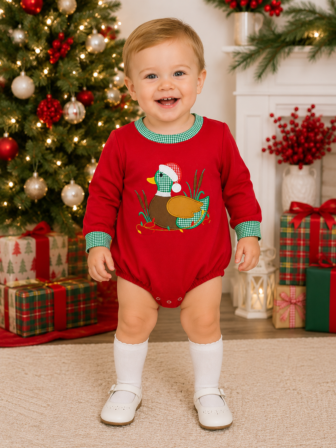 Boys Christmas Mallard Duck Appliqué Bubble | Green Gingham