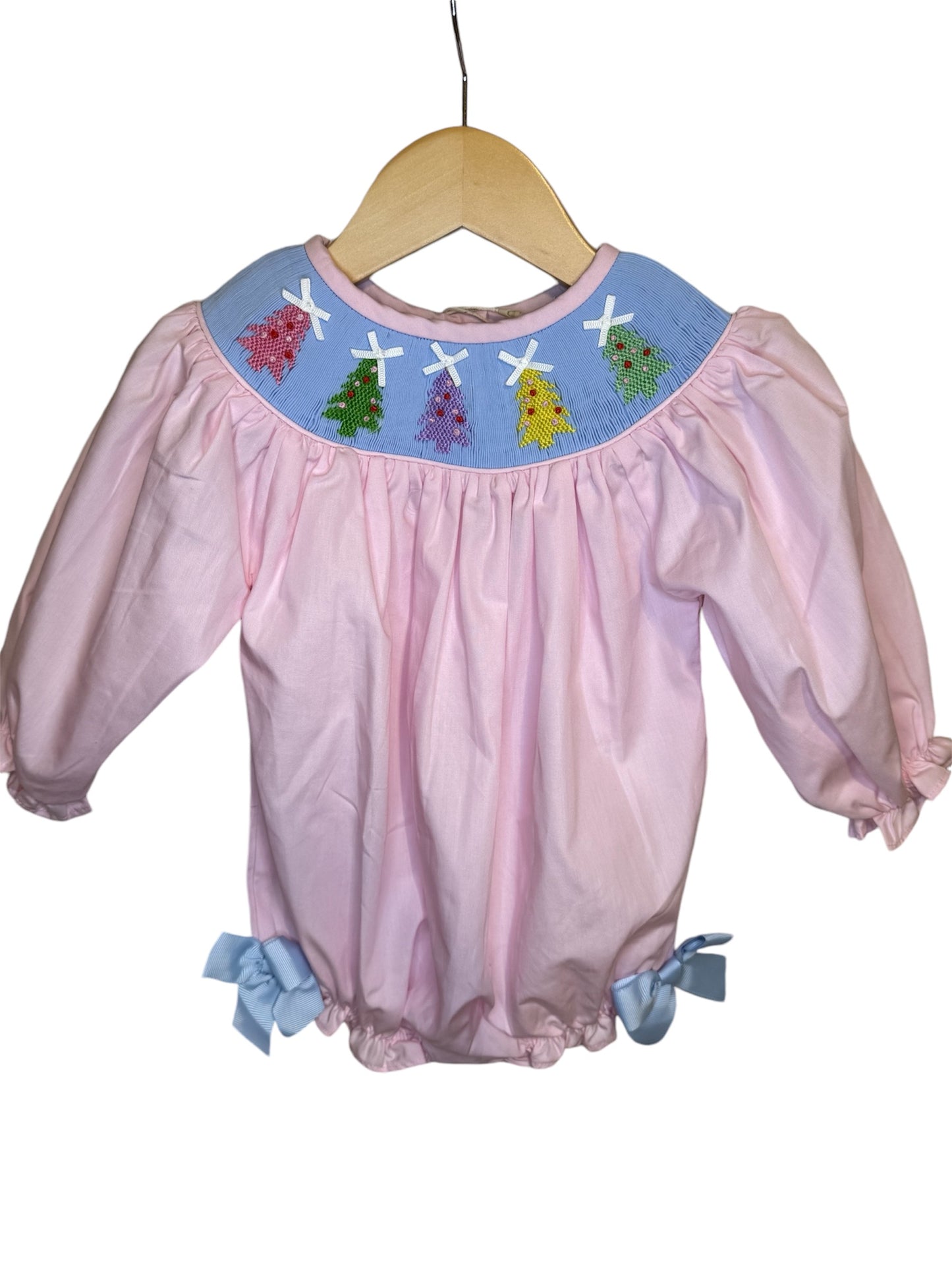 Christmas Tree Hand Smocked Pink & Blue Bubble | Baby & Toddler Holiday Outfit