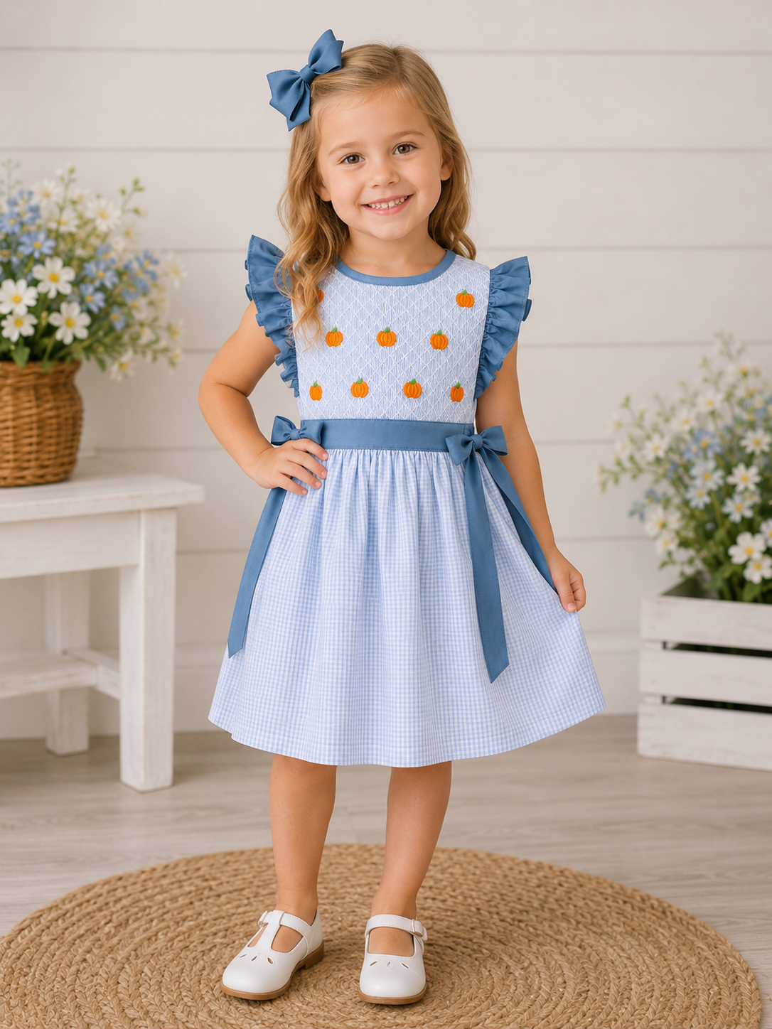 Girls Hand Smocked Blue Gingham Pumpkin Dress