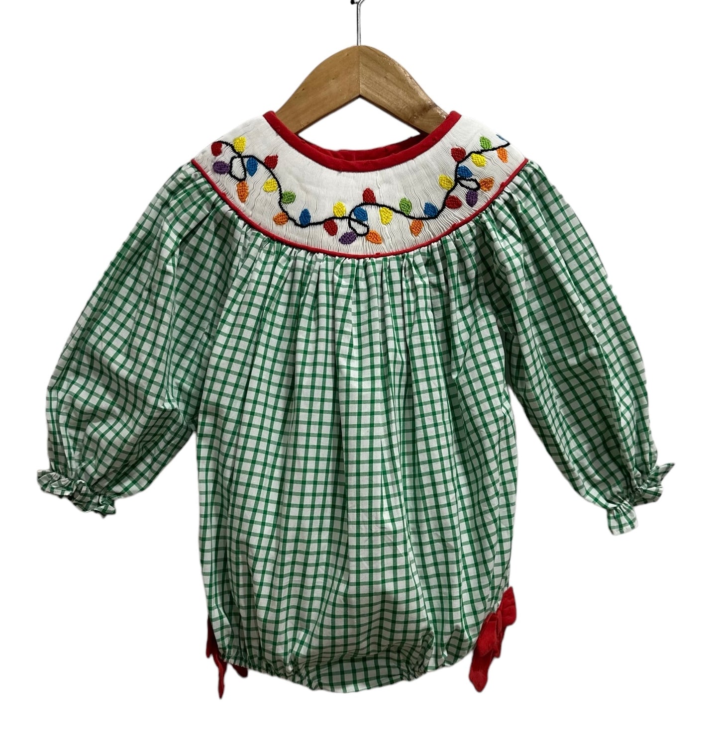 Christmas Hand Smocked Lights Bubble – Green Gingham Baby Bubble | Sister Matching Bloomer Available