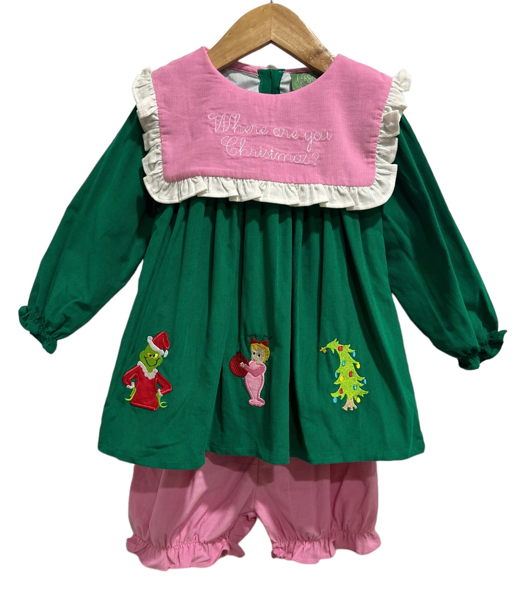 Mr. Mean One Christmas Corduroy Dress & Bloomer Short Set Girls Holi The Sage Smocking Company Mr. Mean One Christmas Corduroy Dress & Bloomer Short Set Girls Holi The Sage Smocking Company