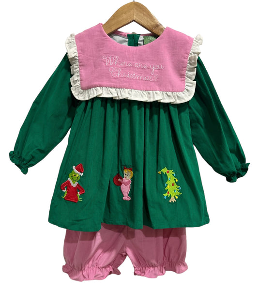 Mr. Mean One Christmas Corduroy Dress & Bloomer Short Set – Girls Holiday Outfit