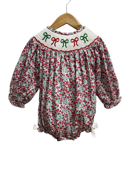 Girl’s Christmas Floral Bow Hand Smocked Bubble | Holiday Toddler Outfit