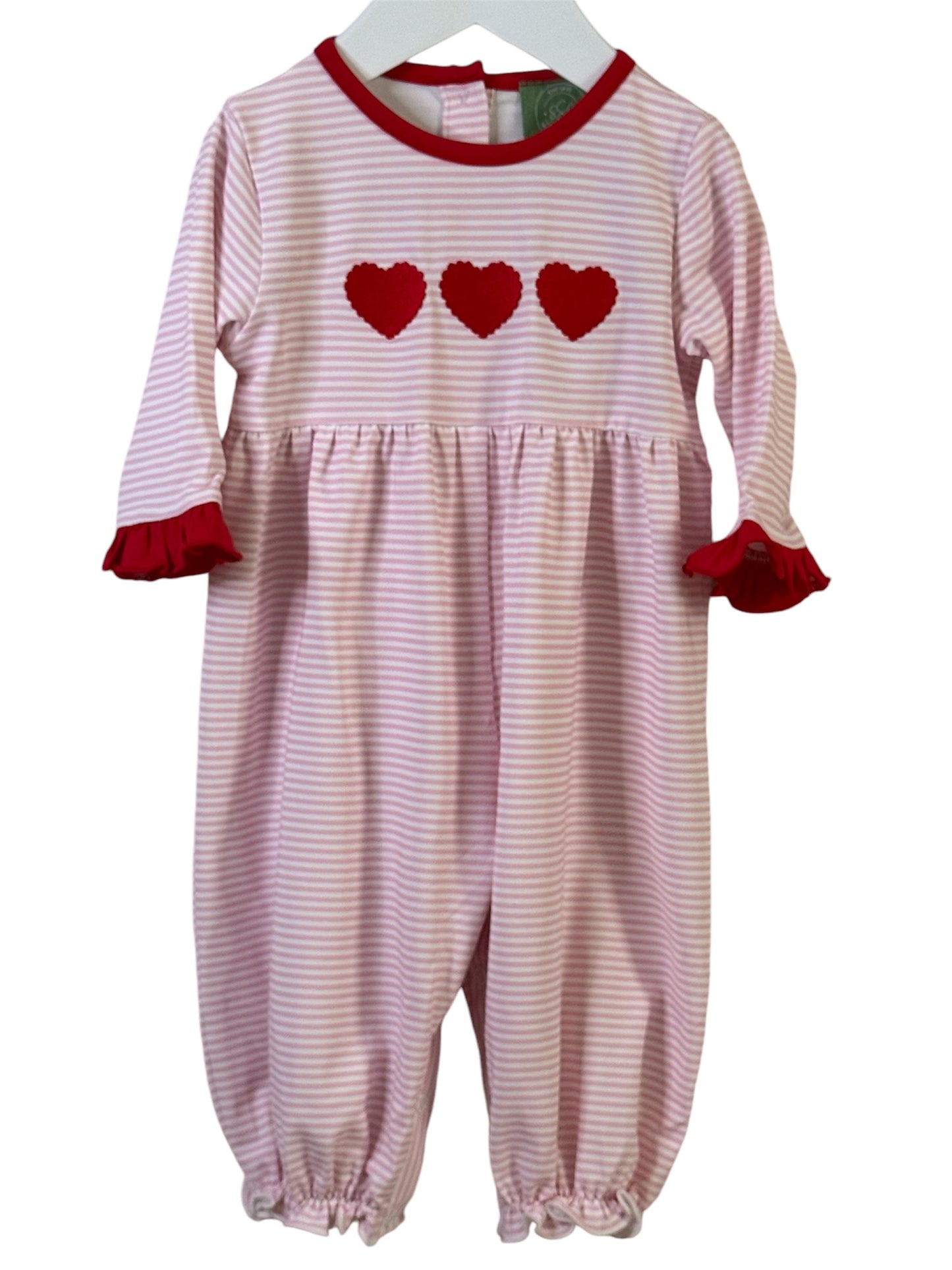 Valentine’s Heart One Piece Romper | Pink & White Stripes with Red Hearts