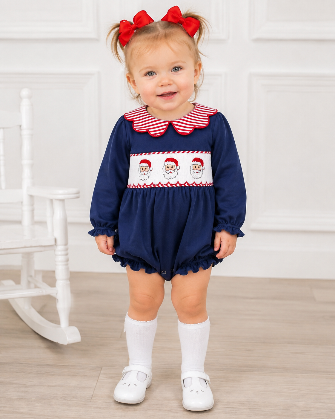 Girls Hand Smocked Santa Christmas Bubble – Navy & Red