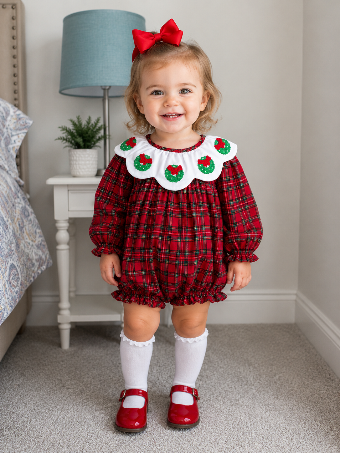 Girls Christmas Wreath French Knot Plaid Bubble
