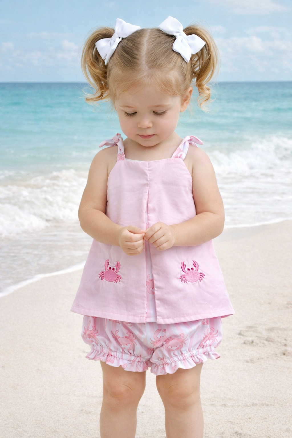 Pink Seaside Crab Embroidered Bloomer Set | Girls Summer Beach Outfit
