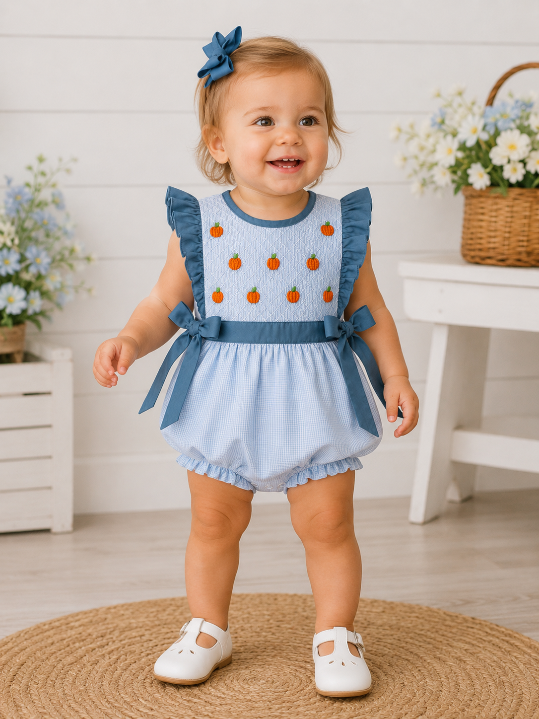 Girls Hand Smocked Blue Gingham Pumpkin Bubble
