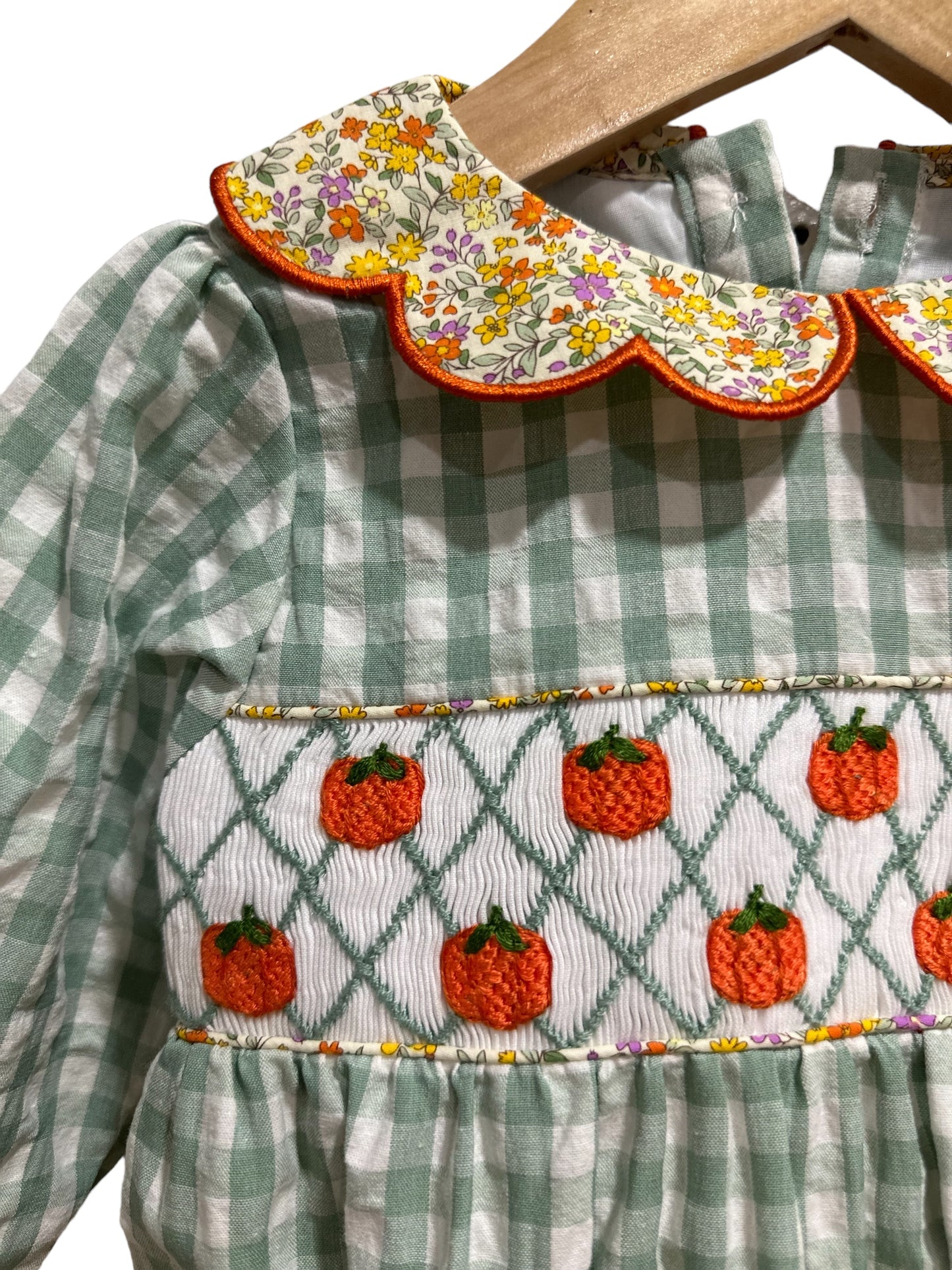 Floral & Gingham Girls Hand-Smocked Pumpkin Bubble