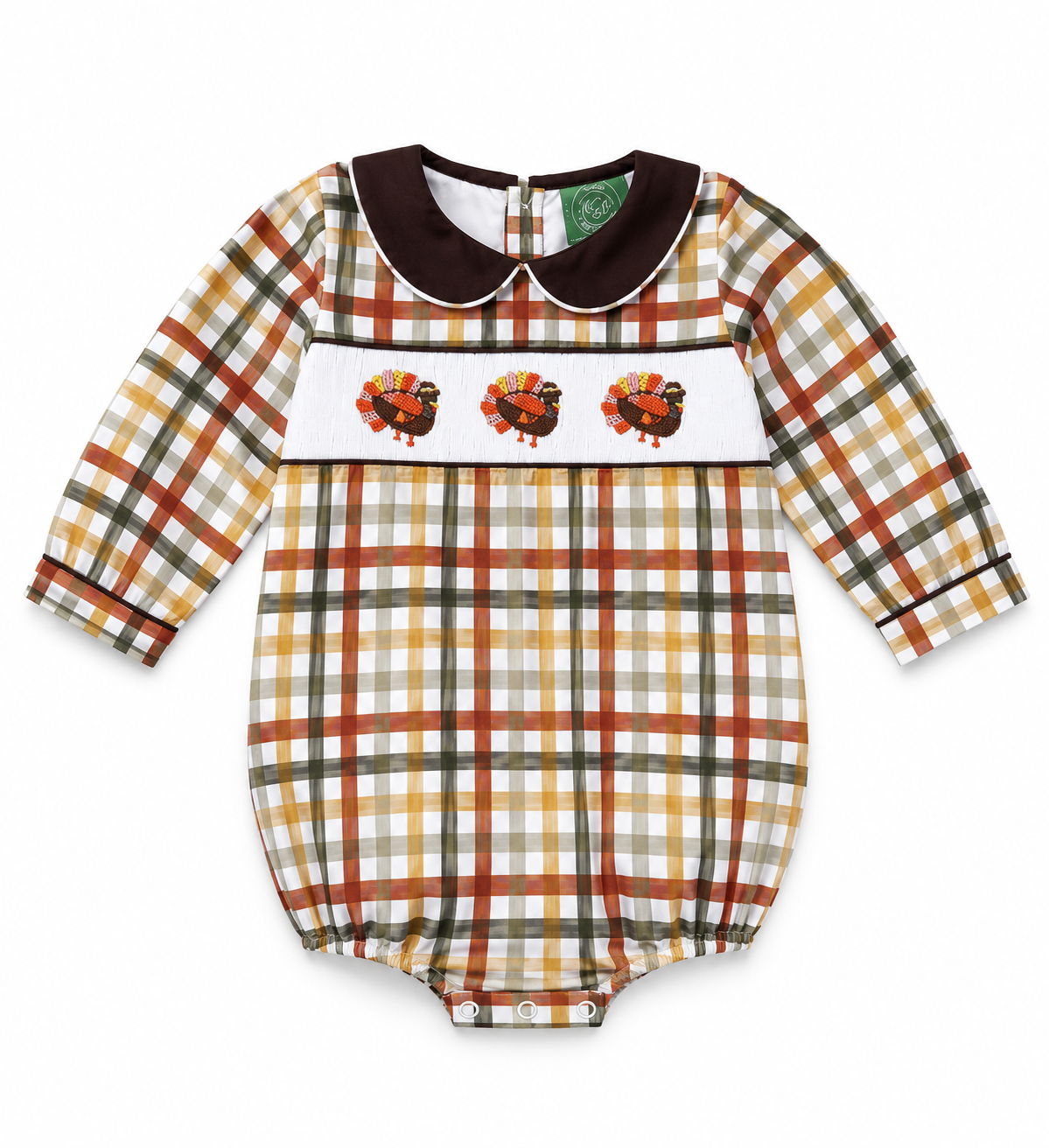 Boys Hand Smocked Turkey Plaid Bubble Romper with Peter Pan Collar