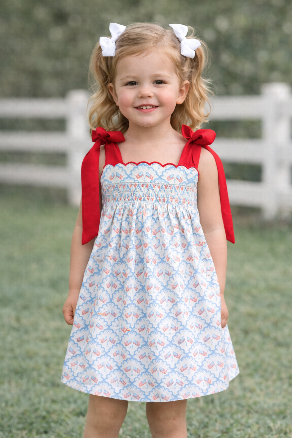 Girls Patriotic Flag Sundress – Red Bow Strap 4th of July Dress | Sister Match Available