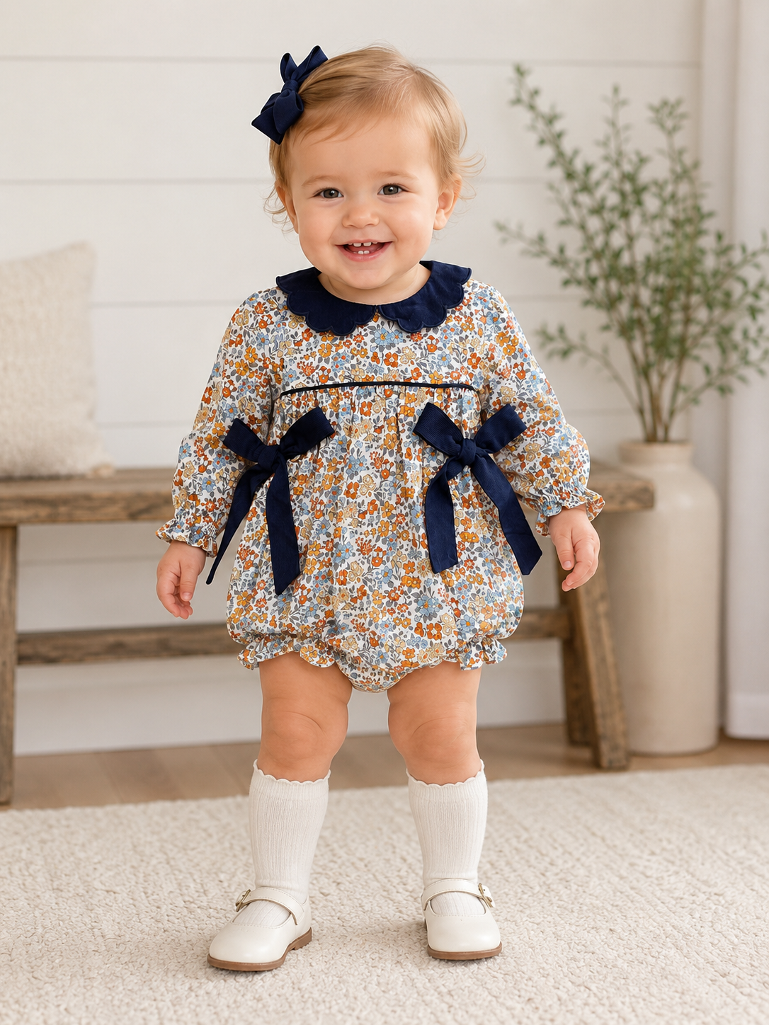 Girls Autumn Floral Bubble Romper with Navy Corduroy Bows