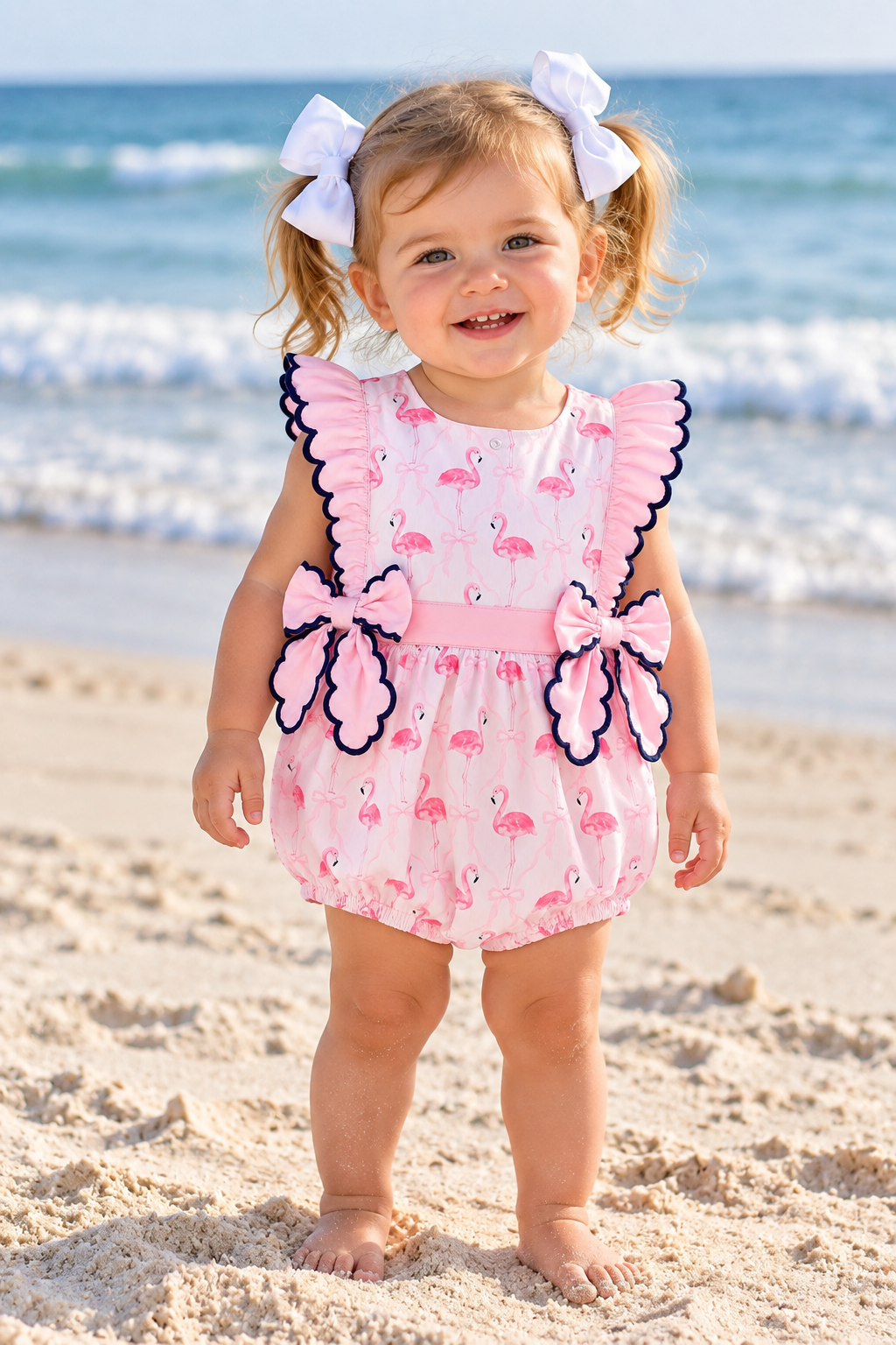 18-month-old girl wearing a pink flamingo bubble romper with navy scalloped trim and white hair bows on the beach.