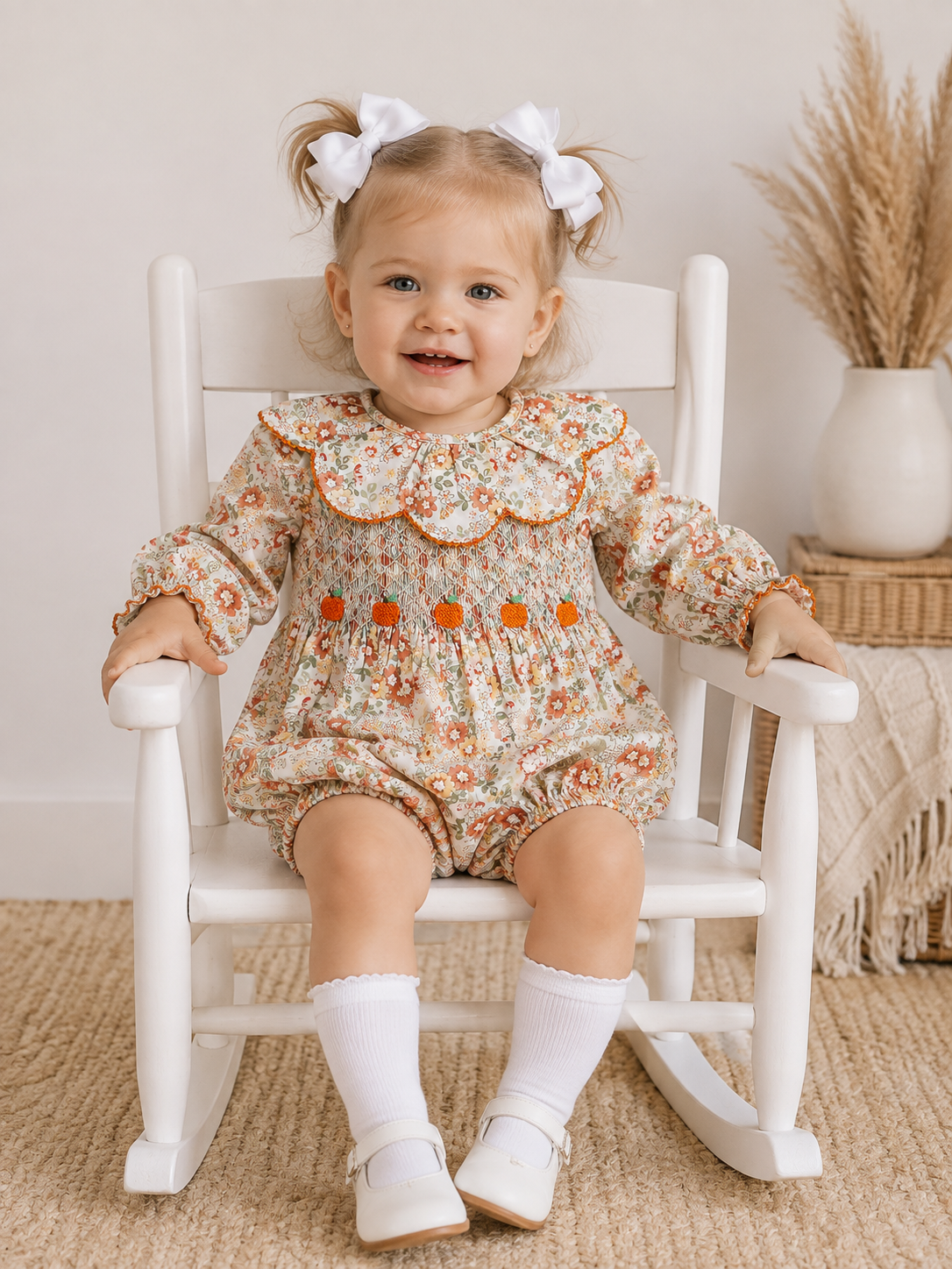 Girls Hand-Smocked Floral Pumpkin Bubble | Fall & Thanksgiving Outfit