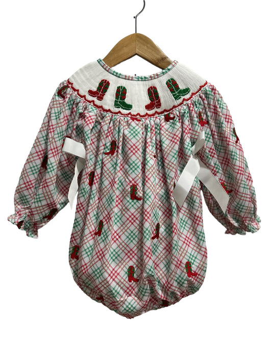 Christmas Boot Girls Hand Smocked Long-Sleeve Bubble – Red Boot Appliqué | Sister Matching Bloomer Available