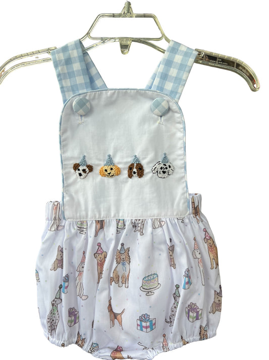 Birthday Party Pups Boy’s French Knot Smocked Bubble | Puppy Birthday Outfit